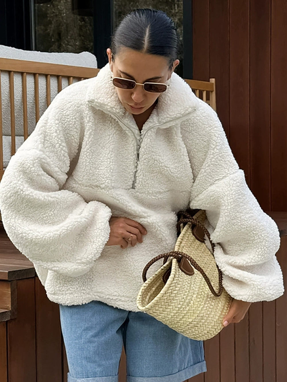 ZARA Womens Versatile Warm Fleece Pullover Sweatshirt Zip Neck Beige Fall Winter